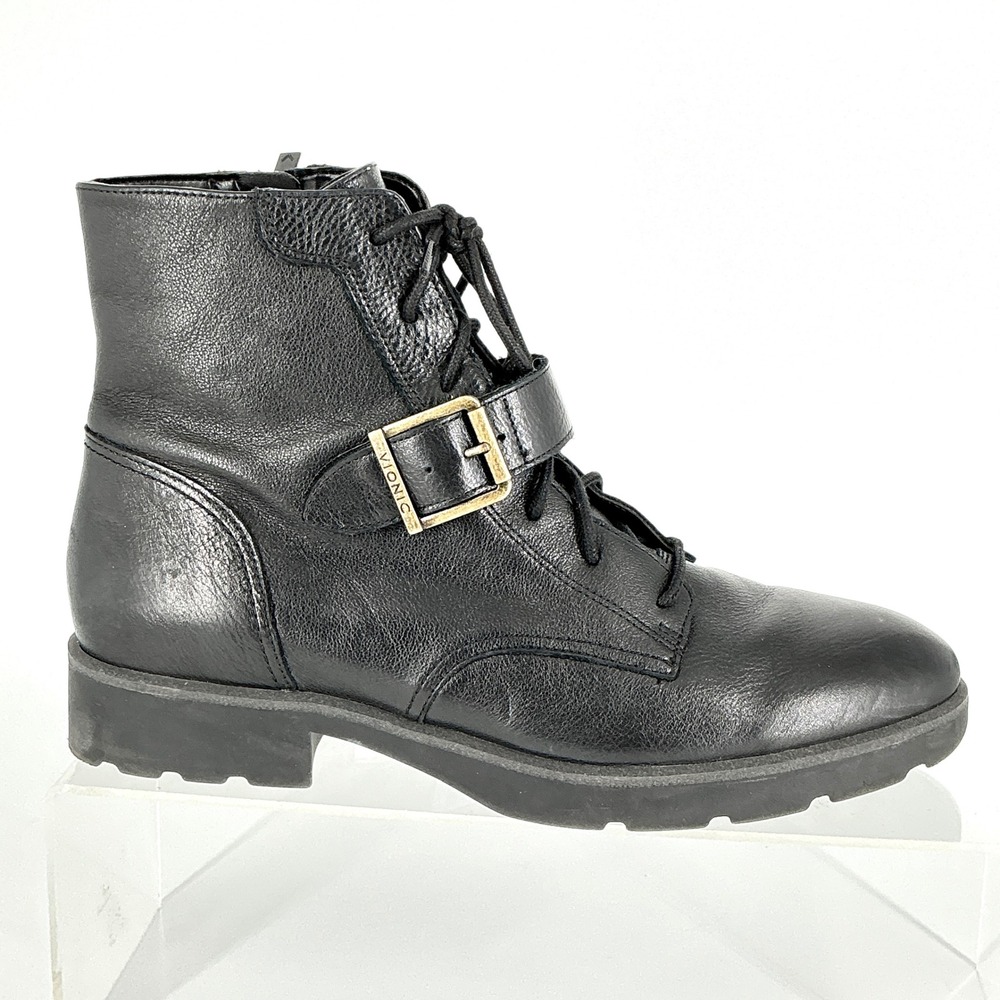 Vionic Size 10 Black Leather Lace Up Combat Boots Side Zip Buckle Womens Catina